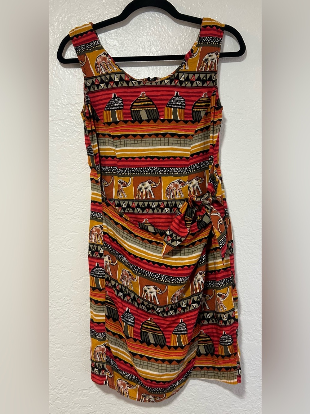 Vintage Betsy Lauren Red and Yellow Elephant-Print Tie-Waist Midi Dress